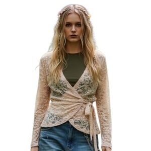 Y2k Moda Int Whimsy Lace Womens size Medium Fairycore Romantic Wrap Cardigan Top